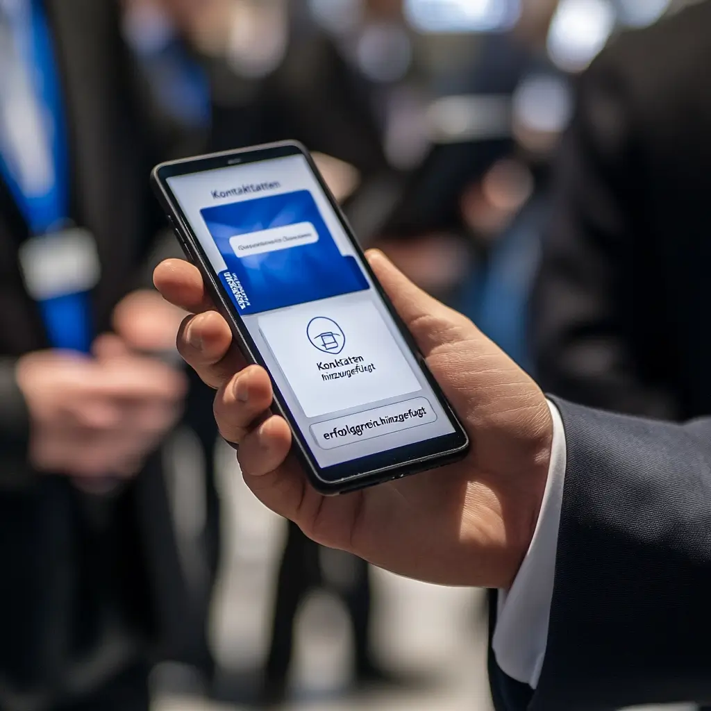 Ein stilvoll gekleideter Geschäftsmensch hält eine NFC-Visitenkarte an ein Smartphone, das eine Bestätigungsnachricht anzeigt