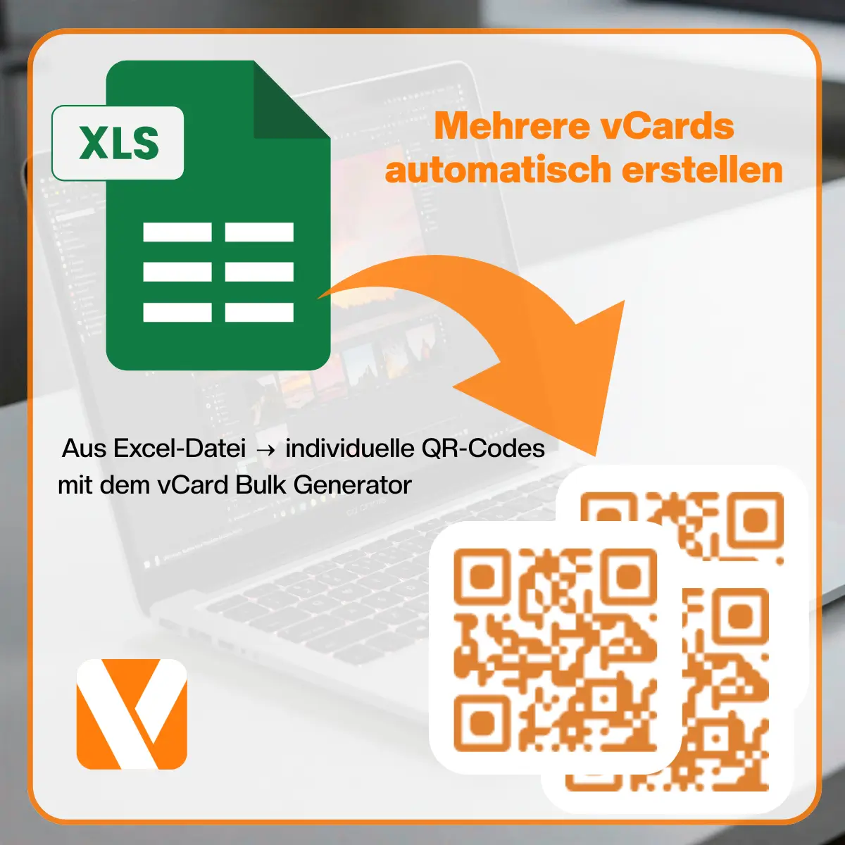 Visualisierung der automatischen Erstellung von mehreren vCards aus einer Excel-Datei mithilfe des vCard Bulk Generators – inklusive QR-Code-Erstellung für jede Kontaktzeile, ideal für Unternehmen, Behörden und Agenturen.