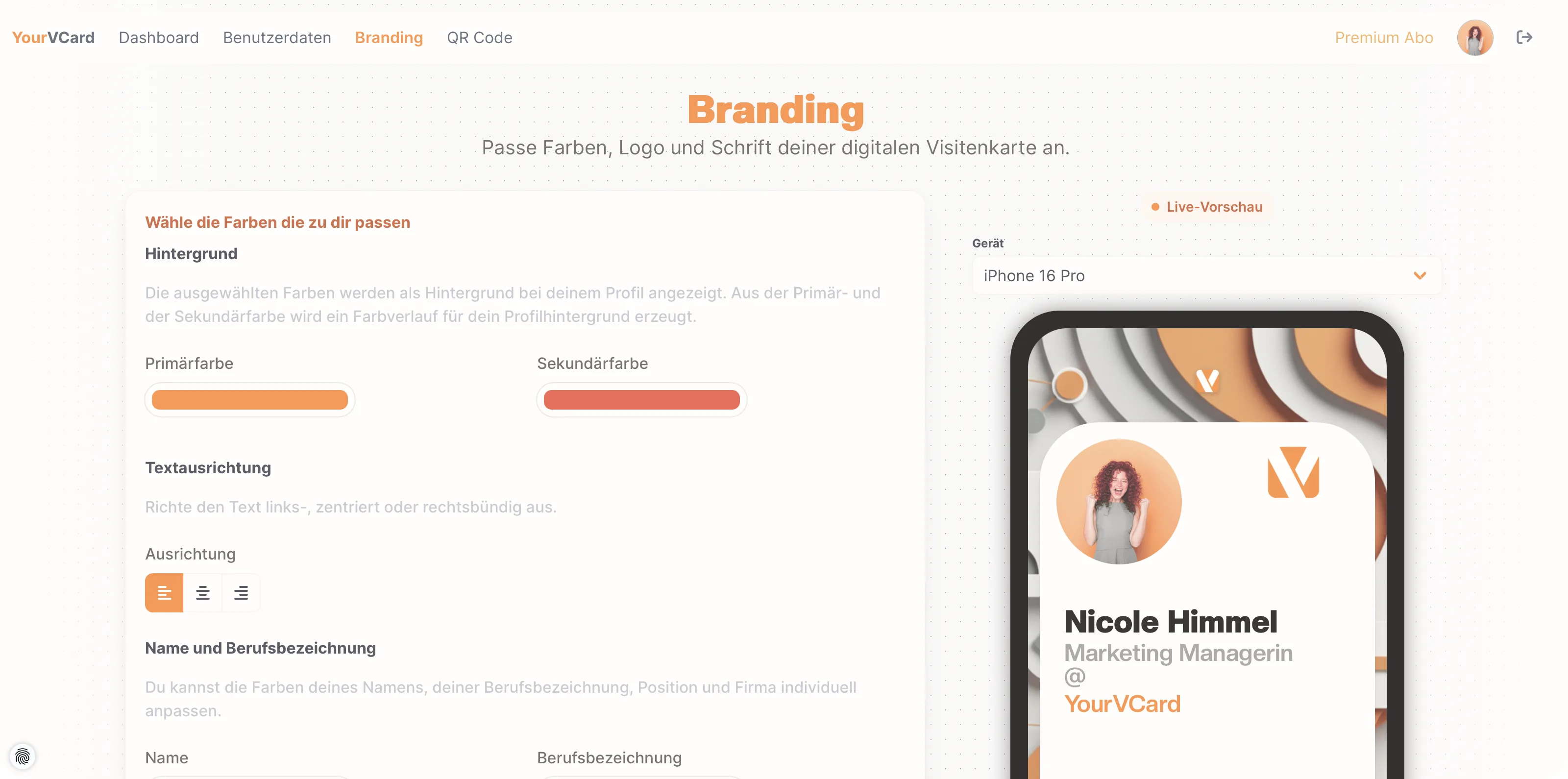 Branding-Editor mit Live-Vorschau in YourVCard