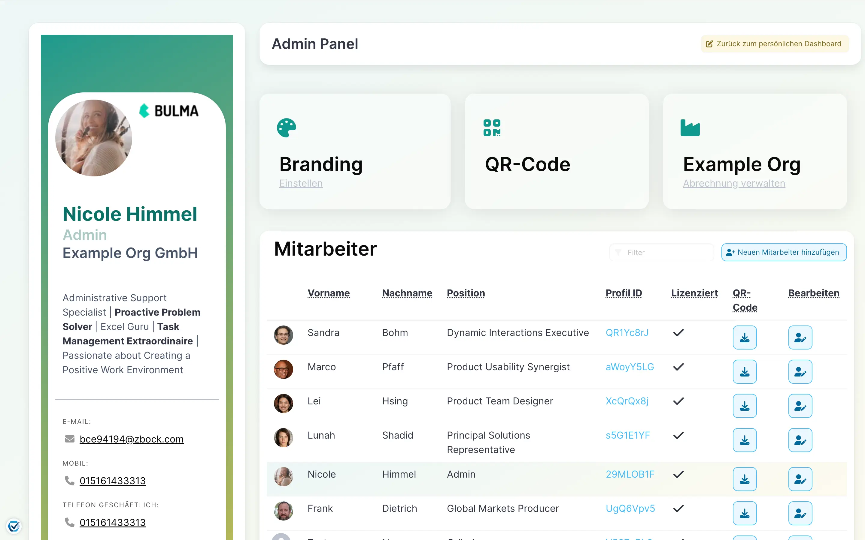 Admin-Panel zur zentralen Verwaltung digitaler Visitenkarten im Team