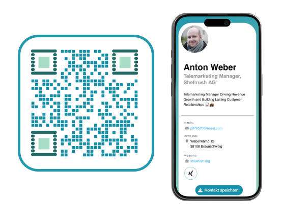 Beispiel eines QR-Codes mit zugehöriger digitaler Visitenkarte in der Farbe blau.