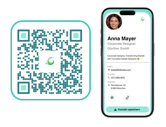 Beispiel eines QR-Codes mit zugehöriger digitaler Visitenkarte in der Farbe grün.