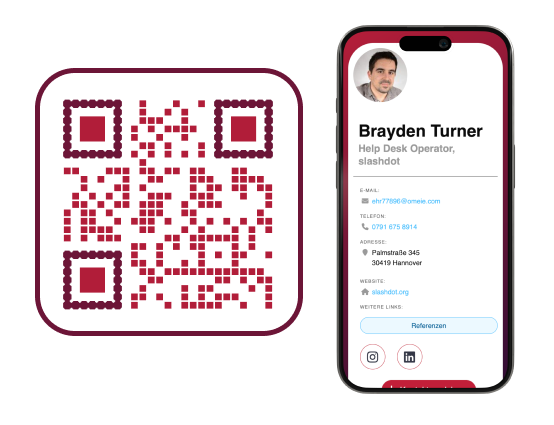 Beispiel eines QR-Codes mit zugehöriger digitaler Visitenkarte in der Farbe rot.